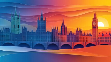 Fototapeta premium A vibrant illustration of a city skyline at sunset, showcasing iconic architecture and waves.