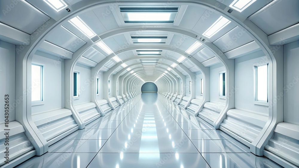 Poster futuristic white corridor tunnel in spaceship or future building with minimalist design