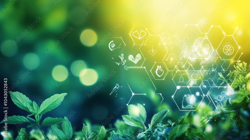Poster a vibrant green background with hexagonal icons representing environmental science concepts.