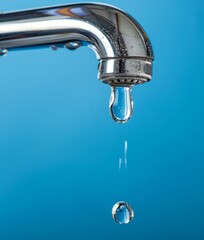 Beautiful dripping water drops from the tap on a blue background. Copy space, concept of saving water on the planet.