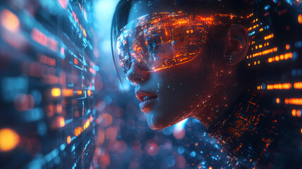 A vibrant 3D-rendered character bursting through a flat, comic book-style 2D panel, surrounded by swirling virtual data and code.