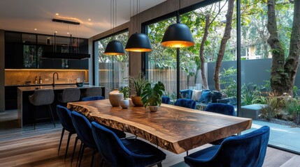 Obraz premium Contemporary dining room with live-edge wooden table and blue velvet chairs in a glass-walled setting, embracing nature's beauty with modern elegance and natural light.