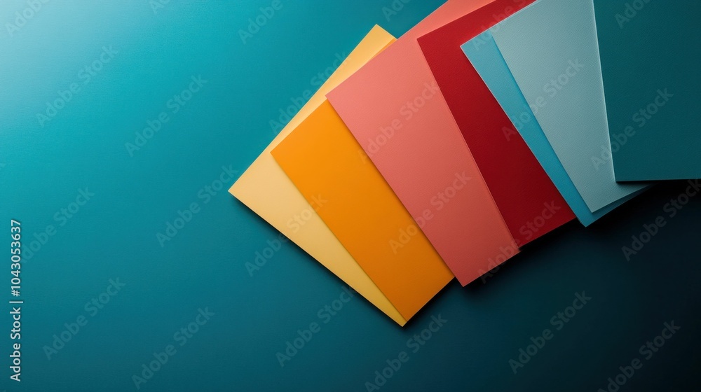 Poster colorful sheets of paper arranged in a fan like formation on a smooth teal background, creating a vi