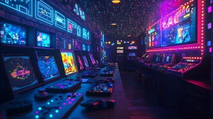 A video game-themed birthday setup with pixelated decorations, game controllers scattered across the table, and LED lights glowing in vibrant colors, darkened room with neon accents,