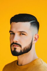 Obraz premium Portrait of a caucasian male 25 years old with a short beard and short black hair slicked to the side
