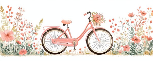 Fototapeta premium Charming pink bicycle with floral decorations amidst a whimsical garden of delicate blossoms and lush greenery