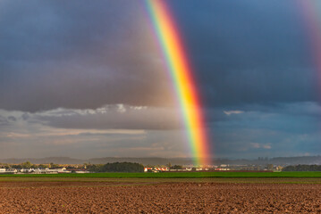 Regenbogen am Horizont mit grauem Himmel, Häusern einer Siedlung und gepflügtem Acker