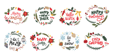 Obraz premium Greeting hand drawn card with Christmas wreath and Merry Christmas handwritten calligraphy lettering . Vector illustration isolate on white. Winter cozy elements flower , branch and berry.