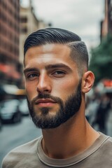 Portrait of a Caucasian male 25 years old with a short beard and short black hair
