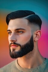Obraz premium Portrait of a Caucasian male 25 years old with a short beard and short black hair