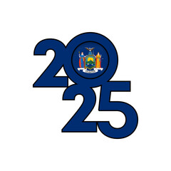2025 banner with New York state flag inside. Vector illustration.