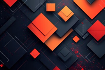 Dark blue, dark gray, and vibrant orange geometric abstract art with overlapping squares and lines