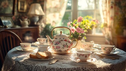 Fototapeta premium A vintage tea party scene featuring a lace-covered table with floral teapots and china, pastel-colored napkins, and antique silverware, set in a cozy room with vintage wallpaper,