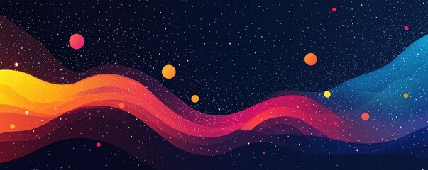 Fototapeta premium Vibrant abstract dark mode wallpaper with colorful cosmic waves and planets for mobile phones