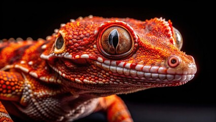 Fototapeta premium Gargoyle gecko with red spots on black background extreme close-up