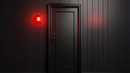 Fototapeta premium A dark, moody scene featuring a black door with red lights, highlighting a mysterious atmosphere, ideal for suspense and intrigue themes.