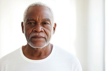 Obraz premium Elderly african man with a serious expression, bright background highlighting wisdom and experience
