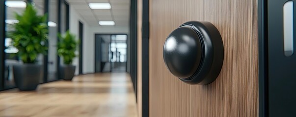 Fototapeta premium Close-up of a modern office door handle on a wooden door, with a glimpse of an open workspace in the background, showcasing a professional environment.