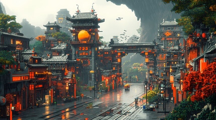 An intricate gaming interface where 2D pixel art characters interact with lifelike, highly detailed 3D environments. 