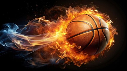Fototapeta premium Fiery Basketball Fusion: Double Exposure Art with Flames, Black Background, Sports Photography, Dynamic Visuals, Unique Art, Fire Effects, Athletic Energy, Creative Imagery, Bold Concepts, Sports Art