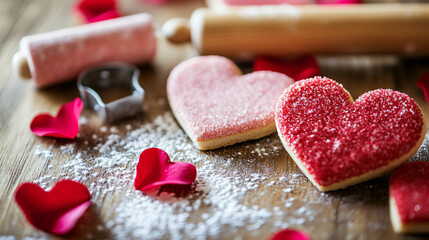 Fototapeta premium Heart-shaped cookies and a rolling pin are on the wood table for Valentine's Day.