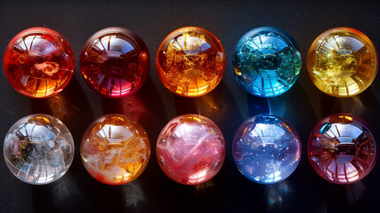 Colorful glass orbs arranged harmoniously on a dark surface, reflecting light beautifully