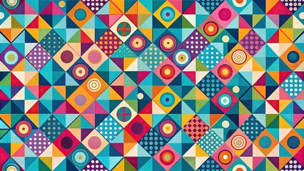 Naklejka premium Geometric abstract pattern with colorful circles and triangles panoramic