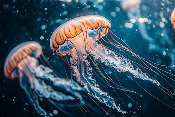 Cauliflower jellyfish Cuphea  Indian Ocean, Maldives. The beauty of jellyfish Generative AI

