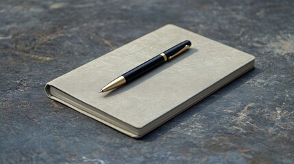 A closed, grey notebook with a black pen on top of it.