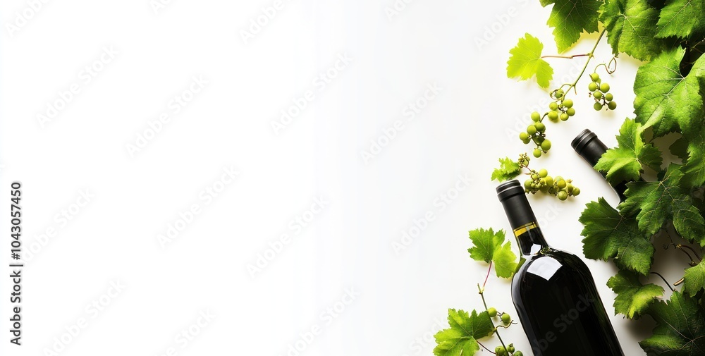 Poster a composition of wine bottles surrounded by green grape leaves and clusters.