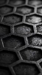 Fototapeta premium A close-up black and white photograph of the texture of a carbon capture honeycomb, showcasing its intricate hexagonal pattern with visible grooves that give it an industrial look
