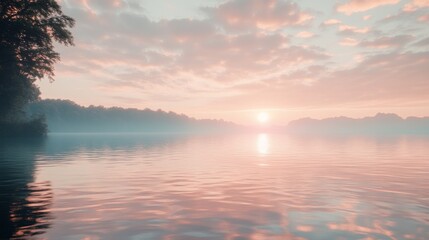 Fototapeta premium A peaceful sunrise over a still lake with mist and trees in the background.