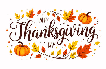 Happy Thanksgiving day illustration with autumn leaves and pumpkins