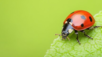 Fototapeta premium Close up of a Ladybug on a Green Leaf, Nature Photography
