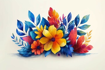 Watercolor floral bouquet with colorful leaves on white background. Hand drawn illustration.