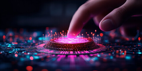 Banner with web of technological enchantment, incandescent circuitry, neon radiance, and digital elegance