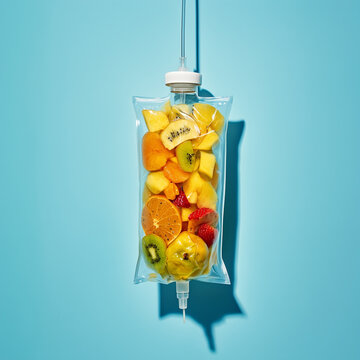 iv bottle bag of slice of kiwi apple and orange and another fruit