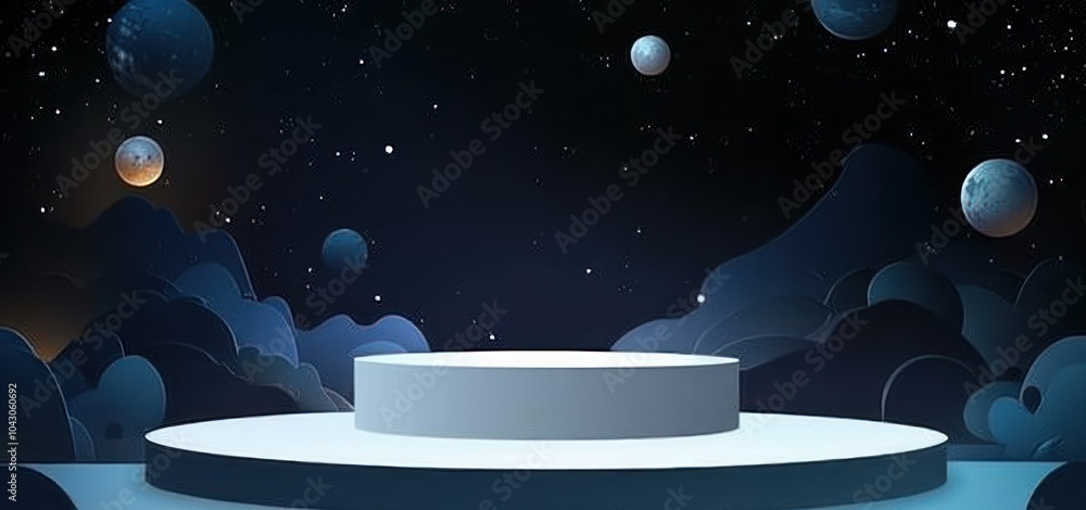 Poster a futuristic platform in a starry space scene with floating planets.
