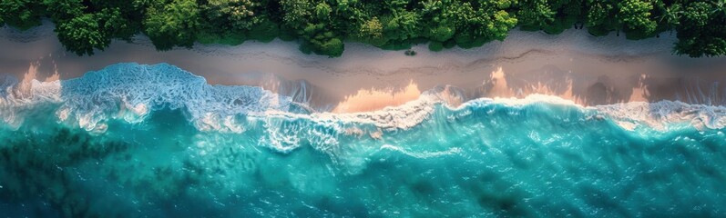 Aerial view of a beach with a wave crashing on the sand, travel concept, banner, copy space