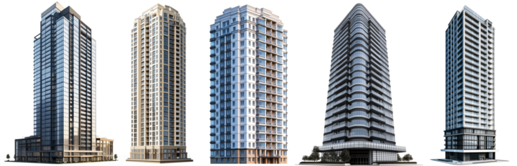 set of skyscrapers isolated on transparent background
