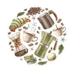 Mug, geyser coffee maker, coffee filter, sugar, macaroons, croissant, grains, milk jug, leaves. Watercolor hand-drawn round composition on isolated background, for branding shops, cafes, postcards