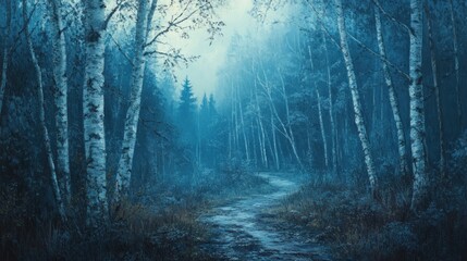 Obraz premium A misty forest path surrounded by birch trees, evoking a serene, mystical atmosphere.
