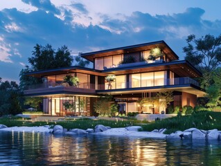 Obraz premium Modern house by the river at evening.