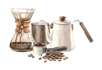 Ceramic teapot, glass flask filter for brewing coffee, roasted beans and horn from coffee machine. Watercolor isolated illustration for branding cafes, shops, coffee products, postcards, textiles