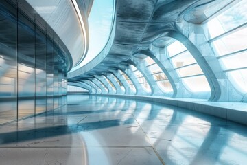 Abstract futuristic glass interior architecture with empty concrete floor.
