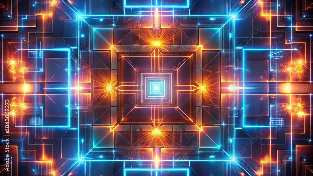 Poster geometrical dimension made of rectangles glowing shapes lights patterns background symmetrical