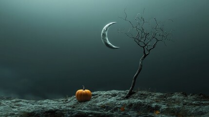 In the stillness of night a crescent moon illuminates a bare tree branch while a solitary pumpkin rests below creating an atmosphere of solitude and calmness in a dark setting