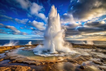 Geothermal geyser erupting into ocean near rocky shore stunning landscape