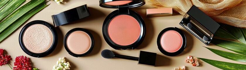 Elegant Makeup Products Displayed on a Natural Surface