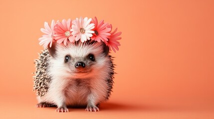 A cute hedgehog adorned with a floral crown against a soft orange background.